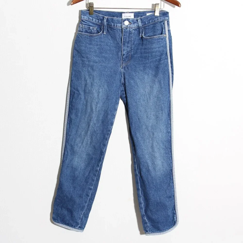 FRAME Denim Le Sylvie High Waist Dolphin Hem Crop Straight Leg Jeans Blue Sz 26 - Picture 2 of 15